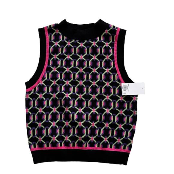 SO Retro Sweater Vest Preppy Black Fuchsia Crop High Neck Vest Junior Medium NEW - Picture 12 of 13